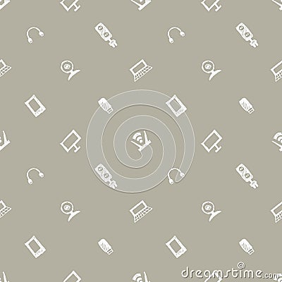 Seamless vector pattern, grey background with monitor, notebook, router, usb and microphone Vector Illustration