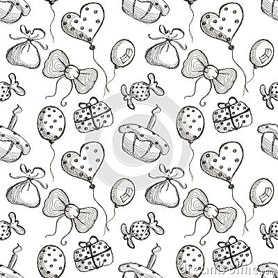 Seamless vector pattern with hand drawn air balloons, bows, gifts, cake, candy on the white background. Vector Illustration