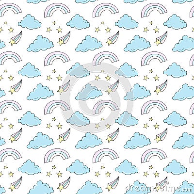 Seamless vector pattern with hand drawn clouds and rainbows. Vector Illustration