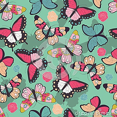 Seamless vector pattern with hand drawn colorful butterflies Vector Illustration