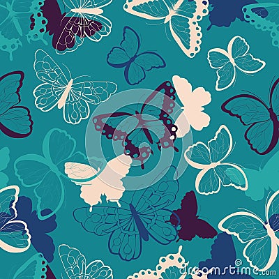 Seamless vector pattern with hand drawn colorful butterflies, silhouette vibrant Vector Illustration