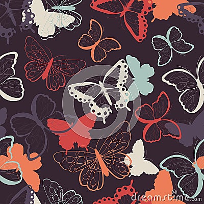 Seamless vector pattern with hand drawn colorful butterflies, silhouette vibrant Vector Illustration