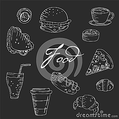 Seamless vector pattern with hand drawn food and drinks on a chalkboard background Stock Photo