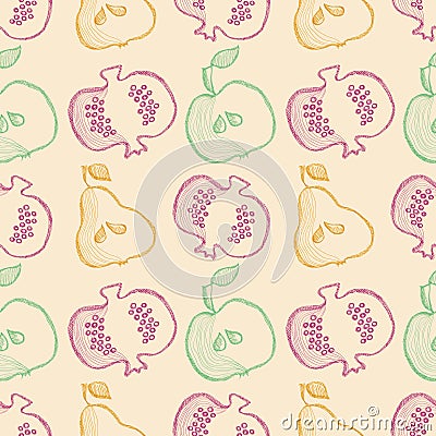 Seamless vector pattern with hand drawn fruits. Background with pomegranates, apples, pears Vector Illustration