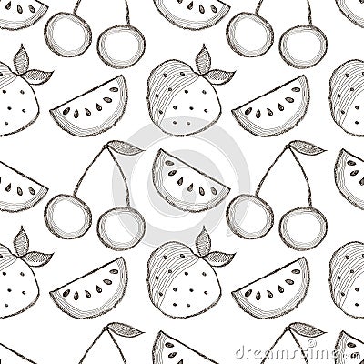 Seamless vector pattern with hand drawn fruits. Black and white Background with watermelons, srawberries and cherries. Vector Illustration