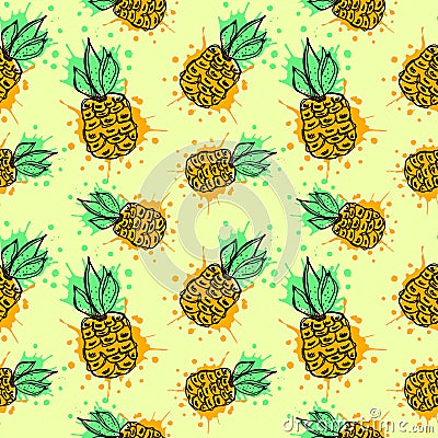 Seamless vector pattern. Hand drawn fruits illustration of colorful pineapple with splash and drop, on the yellow background. Vector Illustration