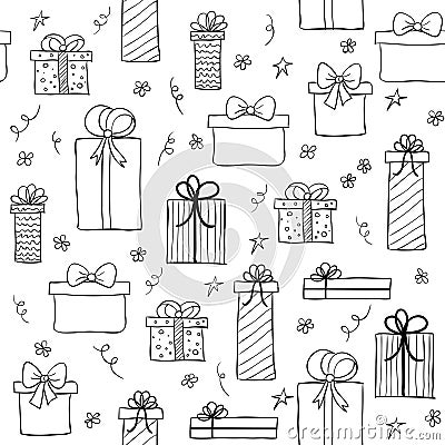 Seamless vector pattern with hand drawn gift boxes Vector Illustration