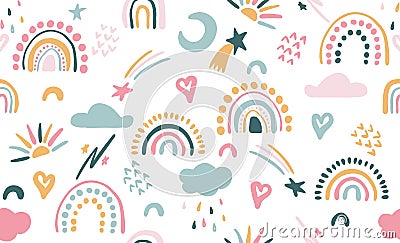 Seamless vector pattern with hand drawn rainbows and sun. Trendy baby texture Vector Illustration