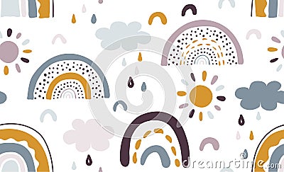 Seamless vector pattern with hand drawn rainbows and sun Vector Illustration