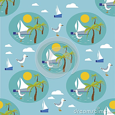Seamless vector pattern with hand drawn sailing yachts and seagulls. Summer bright background for fabric design. Vector Illustration