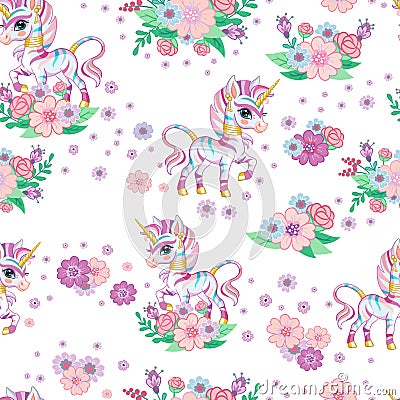 Seamless vector pattern with happy rainbow zebra and flowers Vector Illustration