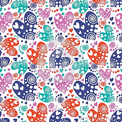 Seamless vector pattern with hearts. Background with colorful hand drawn ornamental symbols and decorative elements on the white. Vector Illustration