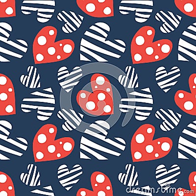 Seamless vector pattern with hearts. Background with red and white hand drawn ornamental symbols on the blue. Vector Illustration
