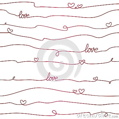 Seamless vector pattern with hearts and lettering Love on the ropes. Cute texture for Valentines Day, weddings. Romantic texture Vector Illustration