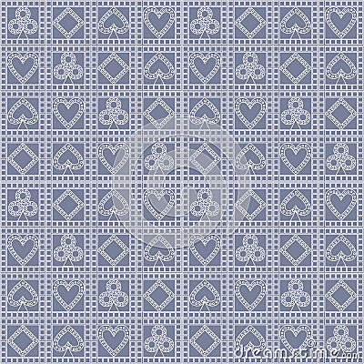 Seamless vector pattern with icons of playing cards. Pastel blue symmetrical geometric background. Decorative repeating ornament. Vector Illustration