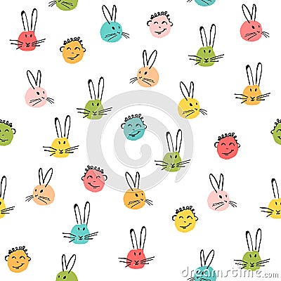 Seamless vector pattern with an ink rabbit emoticons, and the boy`s face. Abstract hand craft grunge splattered ornament Vector Illustration