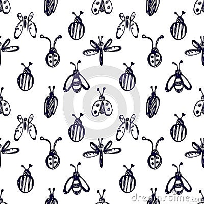 Seamless vector pattern with insects, background with ladubugs, wasps, beetle, butterflies and dragonflies. Vector Illustration