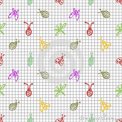 Seamless vector pattern with insects, background with ladubugs, wasps, beetle, butterflies and dragonflies. Vector Illustration