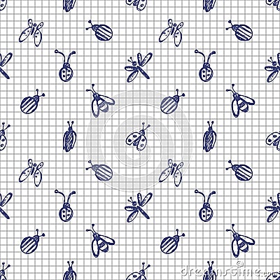 Seamless vector pattern with insects, background with ladubugs, wasps, beetle, butterflies and dragonflies. Vector Illustration