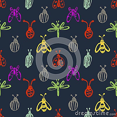 Seamless vector pattern with insects, background with ladubugs, wasps, beetle, butterflies and dragonflies. Vector Illustration