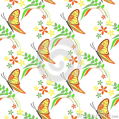 Seamless vector pattern with insects, colorful background with violet butterflies, flowers and branches with leaves Vector Illustration