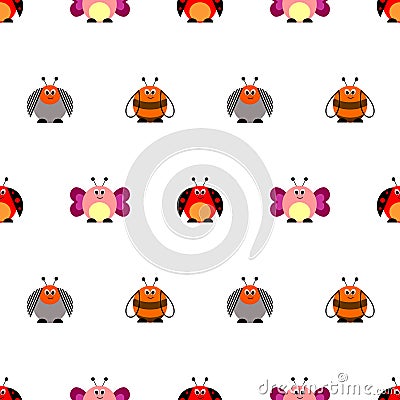 Seamless vector pattern with insects. Cute background with colorful comic butterflies, ladybugs, colorado beetles and bees Vector Illustration