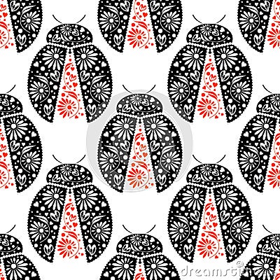 Seamless vector pattern with insects, symmetrical background with bright decorative black and red closeup ladybugs, over white bac Vector Illustration