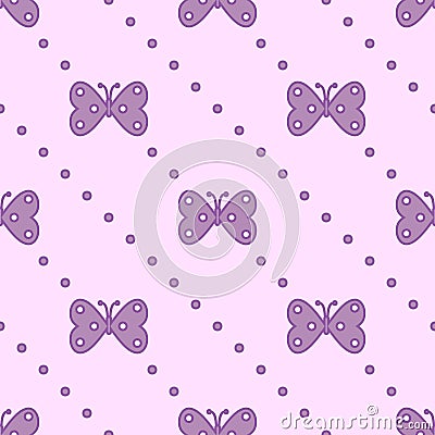 Seamless vector pattern with insects, symmetrical background with violet butterflies and dots on the pink backdrop Vector Illustration