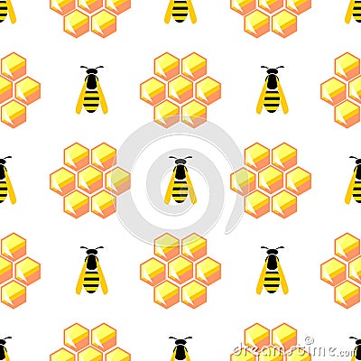 Seamless vector pattern with insects, symmetrical background with yellow honeycombs and wasps on the white backdrop Vector Illustration
