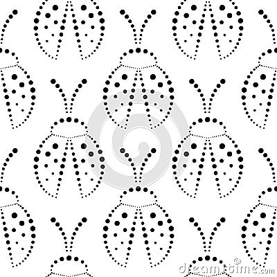 Seamless vector pattern with insects, symmetrical black and white background with decorative closeup ladybugs, on the white backd Vector Illustration