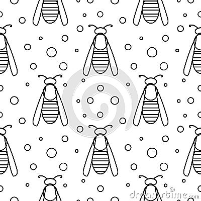 Seamless vector pattern with insects, symmetrical black and white background with wasps and dots Vector Illustration