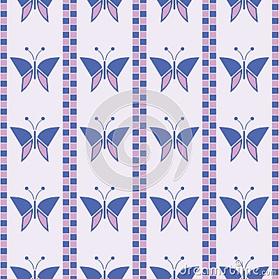 Seamless vector pattern with insects, symmetrical geometric blue background with butterflies. Decorative repeating ornament Vector Illustration