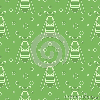 Seamless vector pattern with insects, symmetrical green background with wasps and dots Vector Illustration