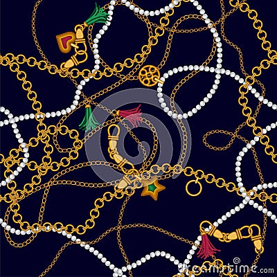 Luxury seamless vector pattern with jewelry chain and belts for fabric design. Vector Illustration