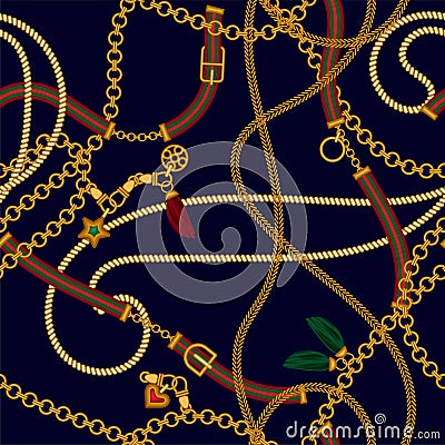 Luxury seamless vector pattern with jewelry chain and belts for fabric design. Vector Illustration