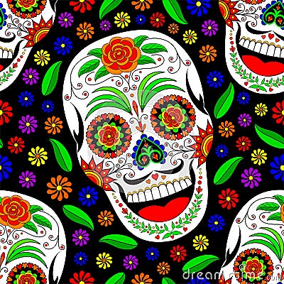 Seamless vector pattern - laughing skulls with colorful decorations between colorful flowers and leaves Stock Photo