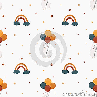 Seamless vector pattern with llama (alpaca), rainbow, stars and balloons. Trendy baby texture for fabric, wallpaper Vector Illustration