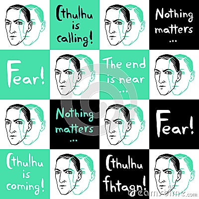 Seamless vector pattern with Lovecraft portrait and quotes Vector Illustration