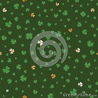 Seamless vector pattern of lucky Four-Leaf Clovers, green, gold. Vector Illustration