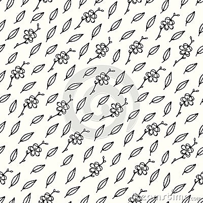 Seamless vector pattern made of simple monochrome sakura flowers and leaves Vector Illustration