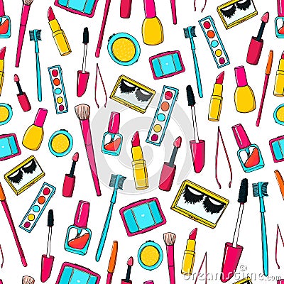 Seamless vector pattern with makeup tools, brushes Vector Illustration