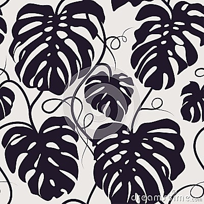 Seamless vector pattern of monochrome leaves Monstera. Exotic tropical repeat ornament. Vector Illustration