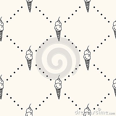 Seamless vector pattern with monocrome ice cream on cone with cherry and polka dot. Can be used for wallpaper, pattern Vector Illustration