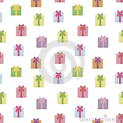 Seamless vector pattern with multicolored square holiday gifts with bows isolated on white background Vector Illustration