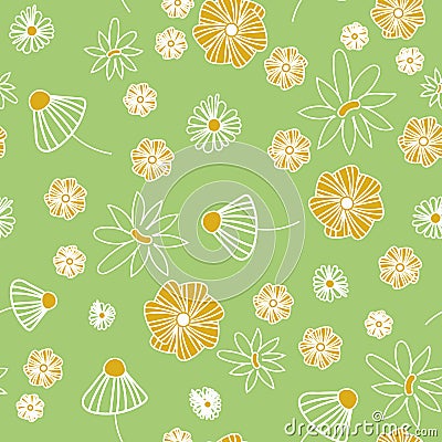 Seamless vector pattern with naive daisy flowers on a green background Vector Illustration