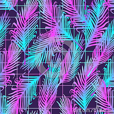 Seamless vector pattern with neon palm leaves. Tropical glowing background with grid. Vaporwave, retrowave, synth music Vector Illustration