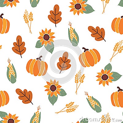 Seamless vector pattern with orange pumpkins, crop corn, maple leaves and bright sunflowers on white background. Autumn Vector Illustration