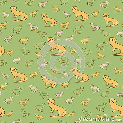 Seamless vector pattern with otter families on green background. Vector Illustration