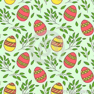 Seamless vector pattern. Painted Easter eggs with branches and flowers. Design for wrapping paper, card or textile. Objects are Stock Photo