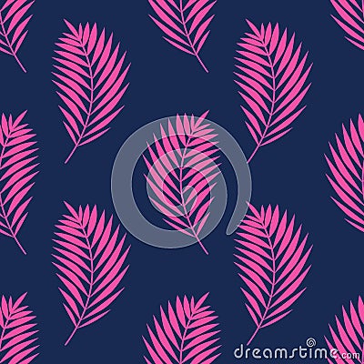 Seamless vector pattern with palm leaves. Pink tropical branches on dark blue background Vector Illustration